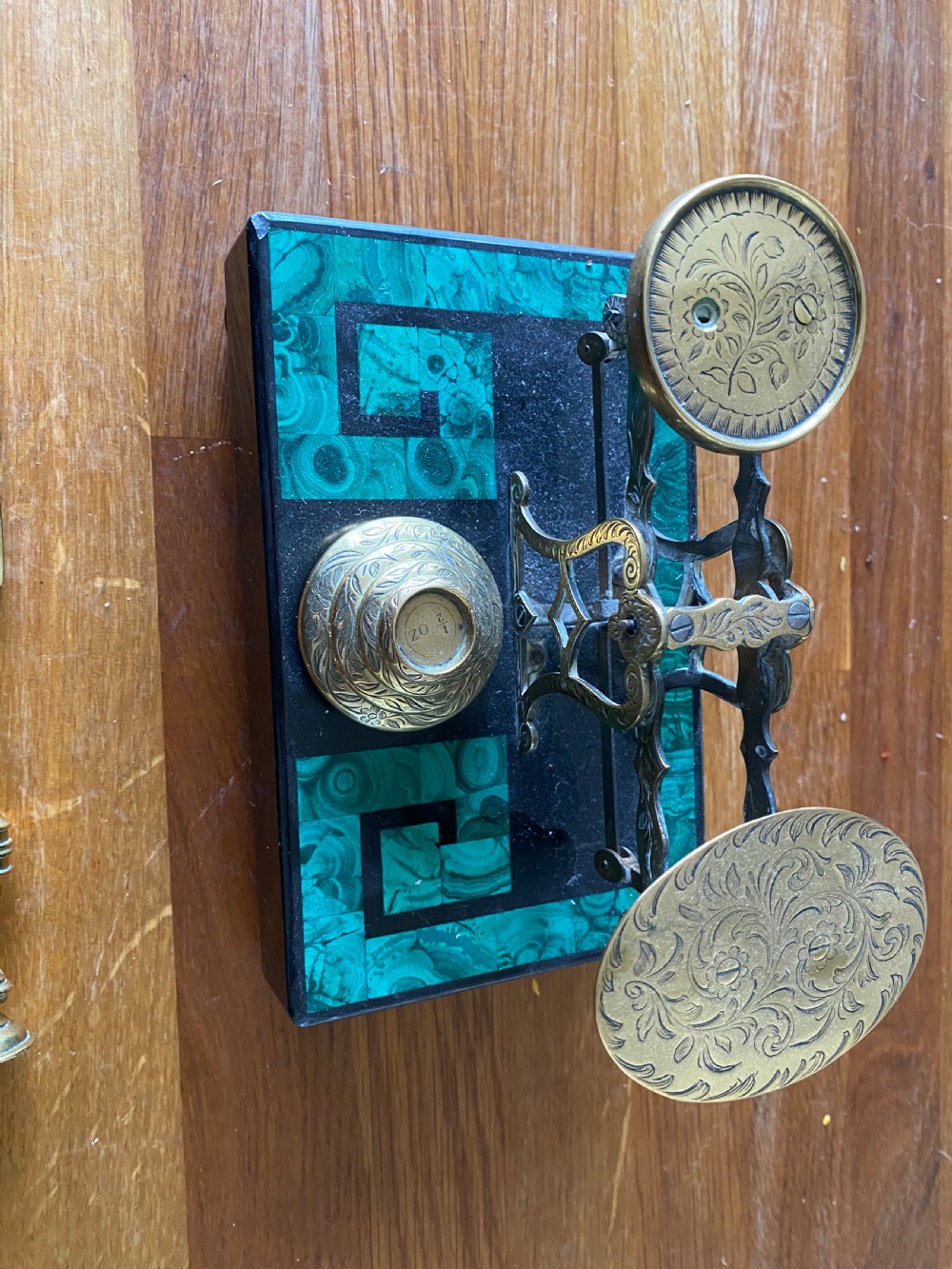 victorian slate and malachite based brass letter scales  View X