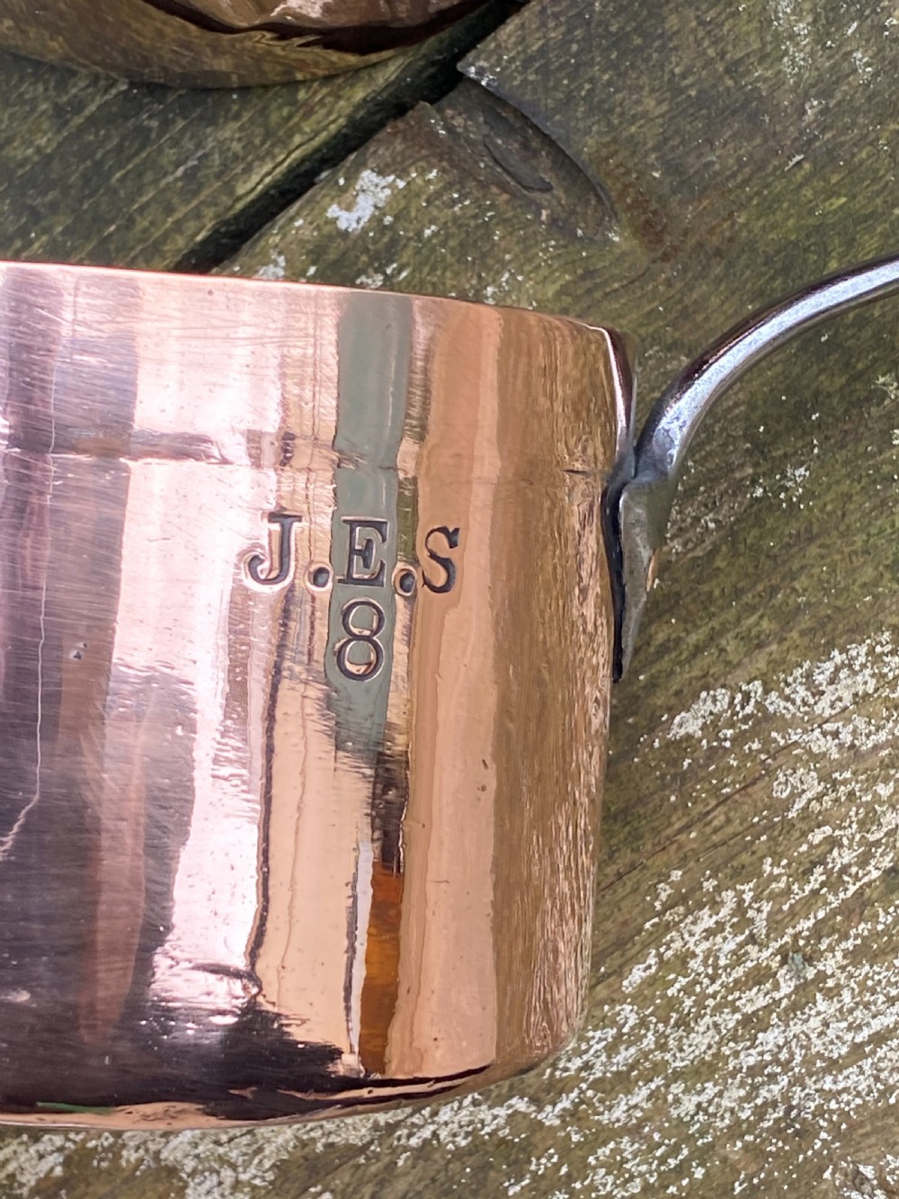 A harlequin set of 5 copper saucepans some with makers marks one for Harrods  View VI
