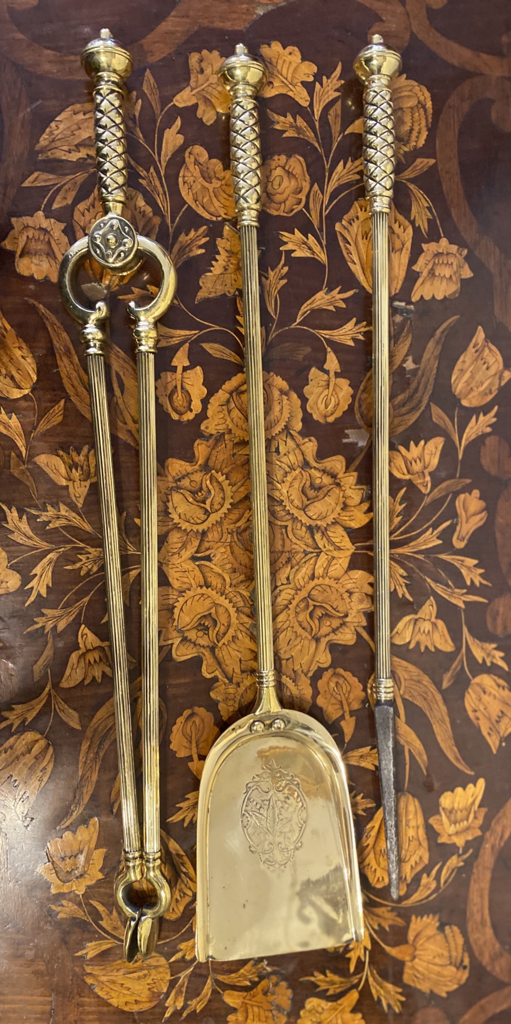 Set of three quality brass fire irons 