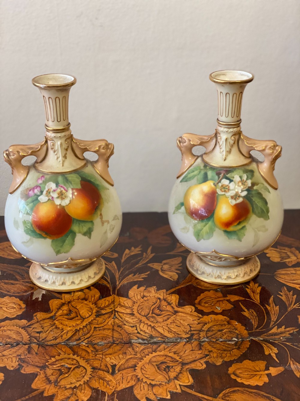 Pair of Worcester vases C1906 painted with apples and pears 