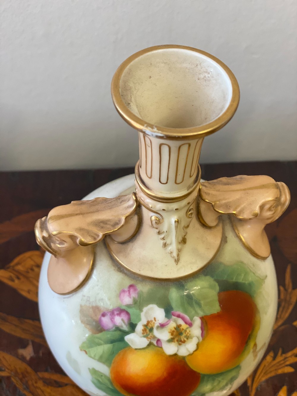 Pair of Worcester vases C1906 painted with apples and pears  View V