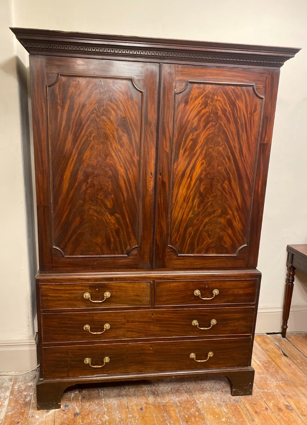 C18th flame Mahogany linen press View II