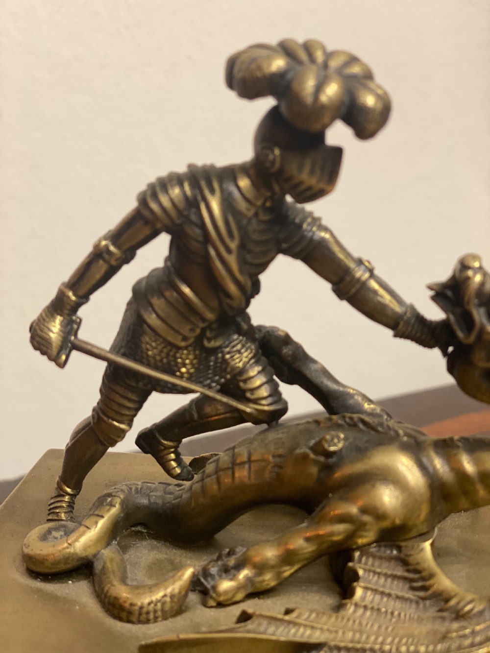 Early C19th Brass inkwell featuring St George and the Dragon  View II