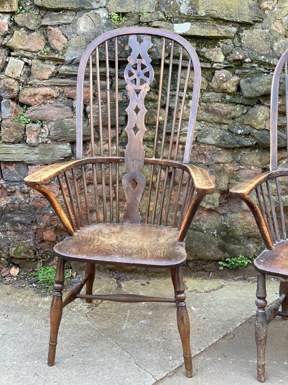 Pair of C19th elm and beech tall hooped back wheel back chairs  View II