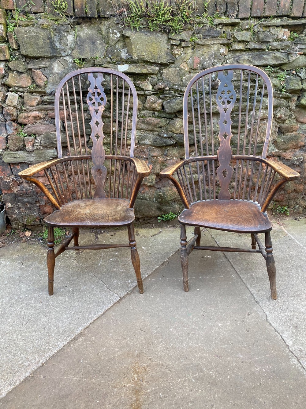 Pair of C19th elm and beech tall hooped back wheel back chairs  View III