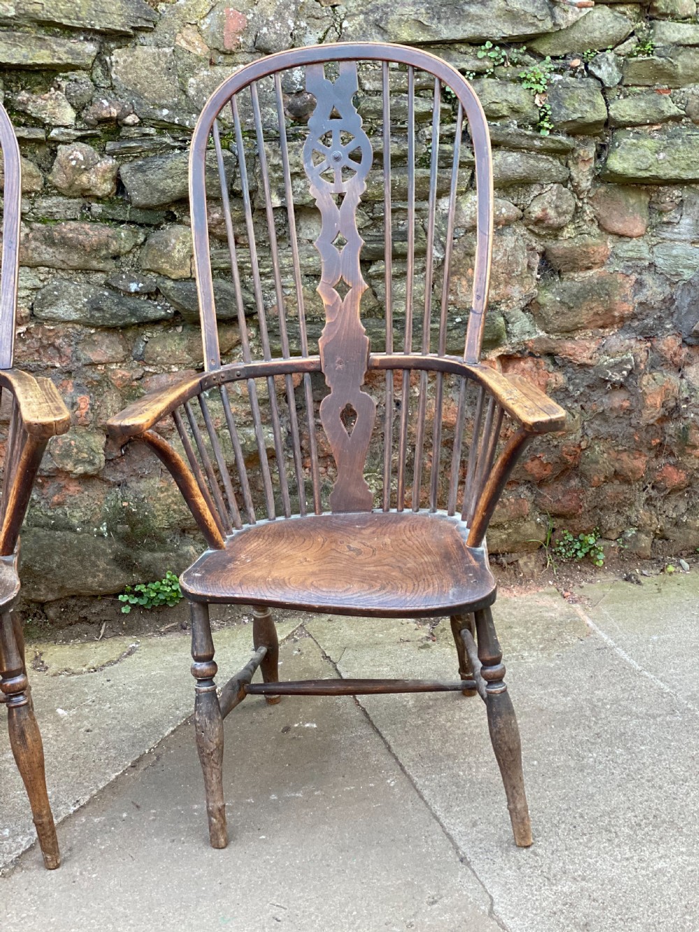 Pair of C19th elm and beech tall hooped back wheel back chairs  View IV