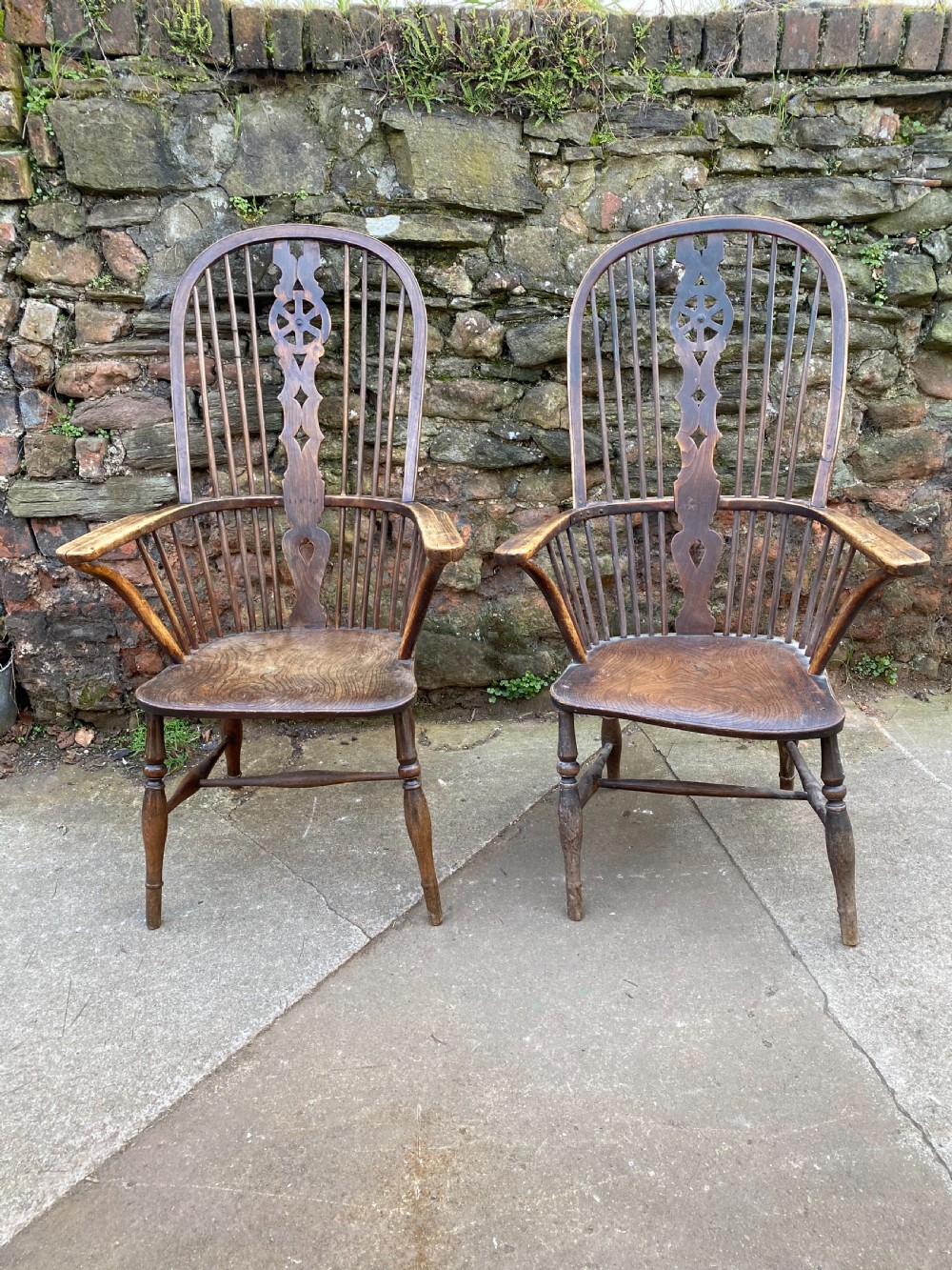 Pair of C19th elm and beech tall hooped back wheel back chairs  View V