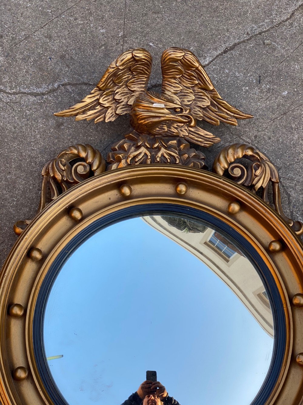  C19th large convex giltwood carved mirror  View III