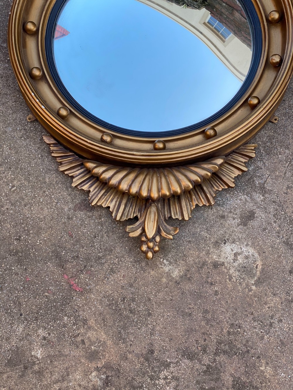  C19th large convex giltwood carved mirror  View V