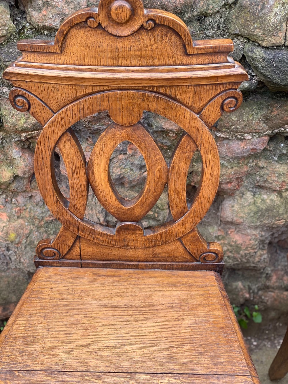 Pair of oak hall chairs with fretwork backs  View III