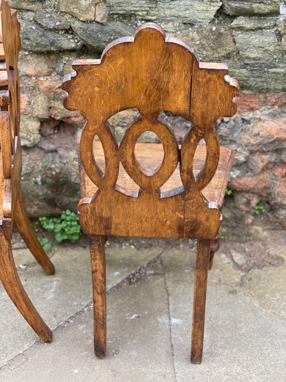 Pair of oak hall chairs with fretwork backs  View VII