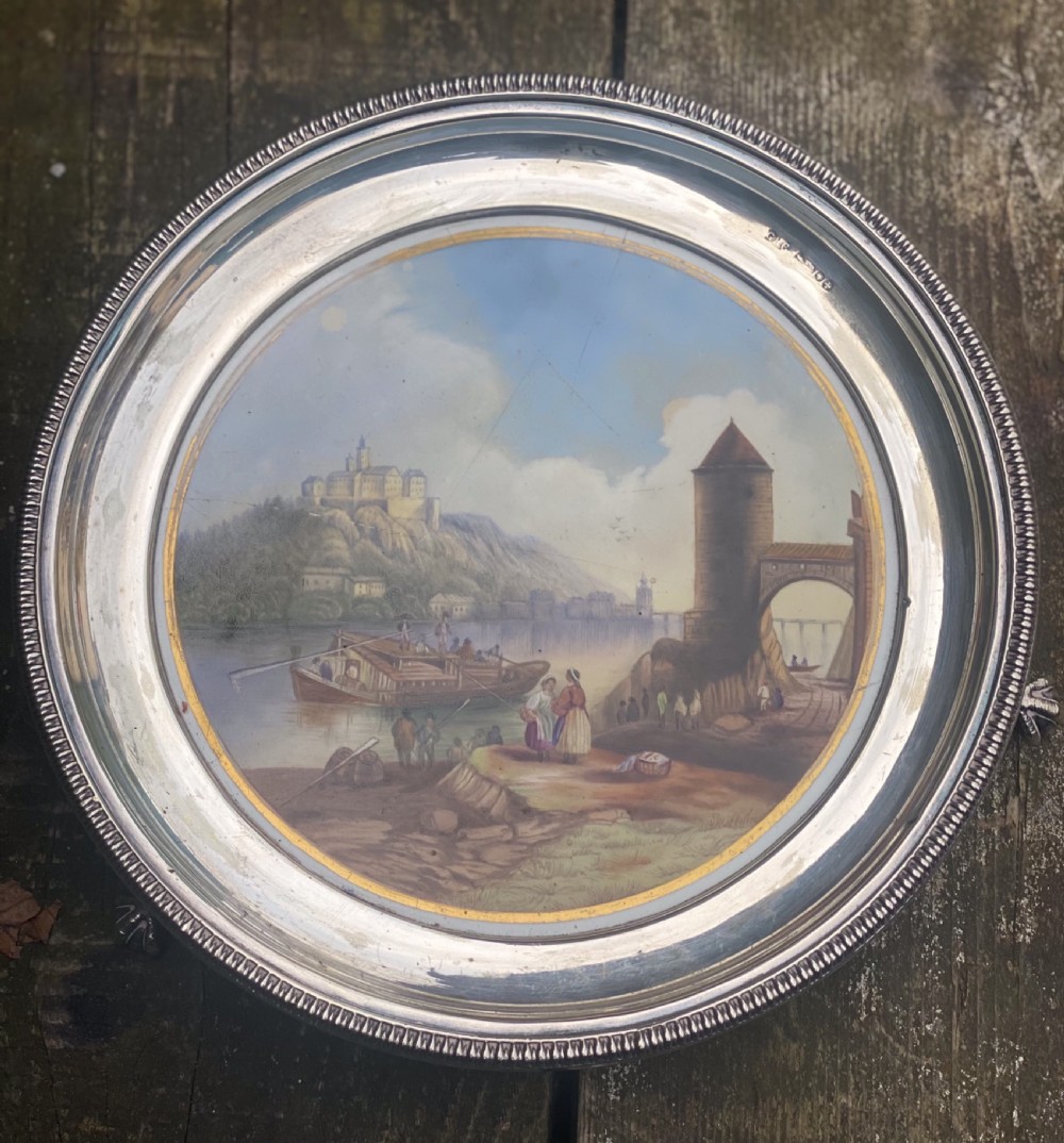Silver plated on copper serving tray with hand painted porcelain plaque to the centre by George Richmond  Collis C1837 View II