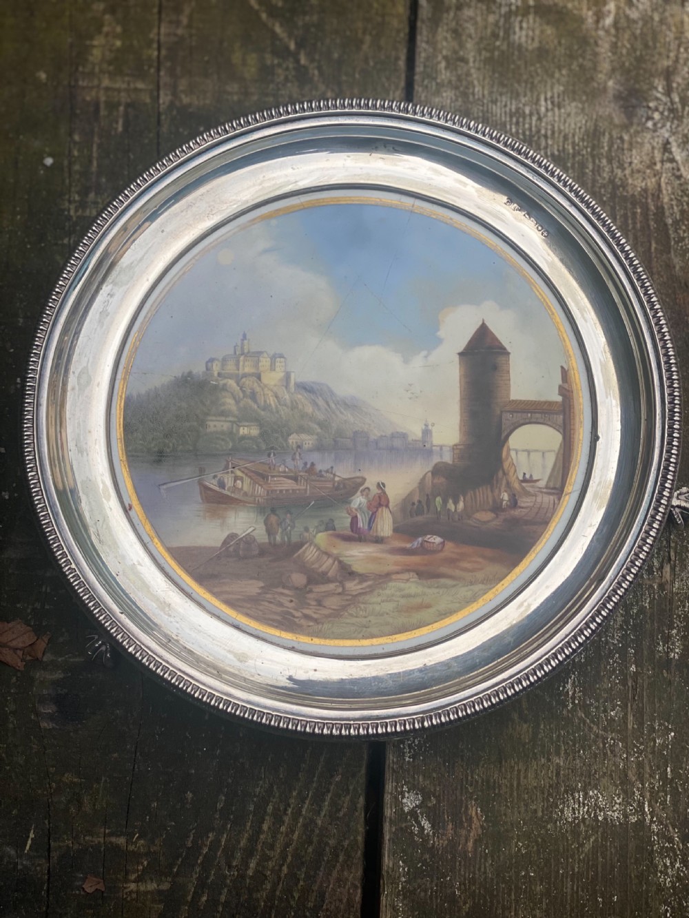 Silver plated on copper serving tray with hand painted porcelain plaque to the centre by George Richmond  Collis C1837 View III