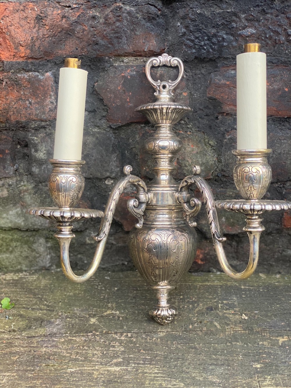 Pair of Edwardian silver plated twin armed wall lights  View II