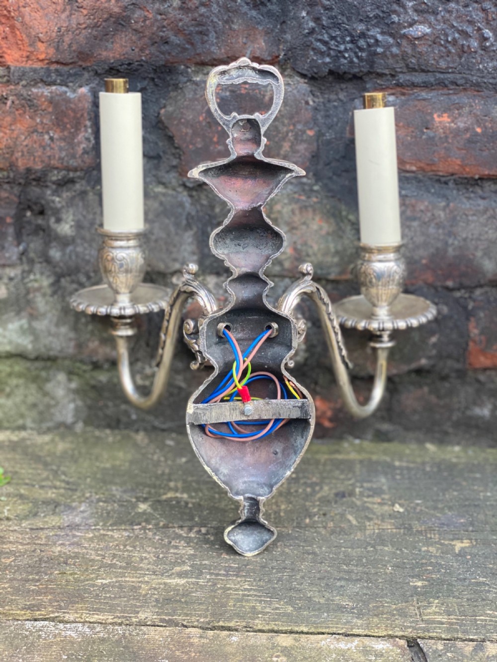 Pair of Edwardian silver plated twin armed wall lights  View III