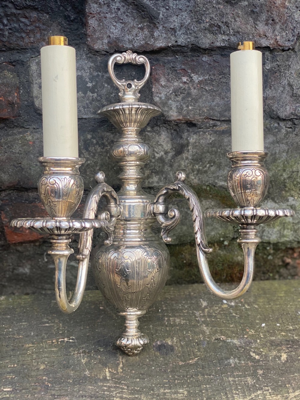 Pair of Edwardian silver plated twin armed wall lights  View IV