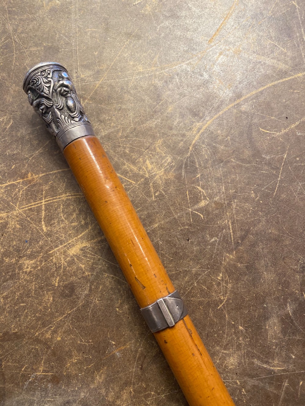 C19th Chinese malacca cane with white metal mounts View II
