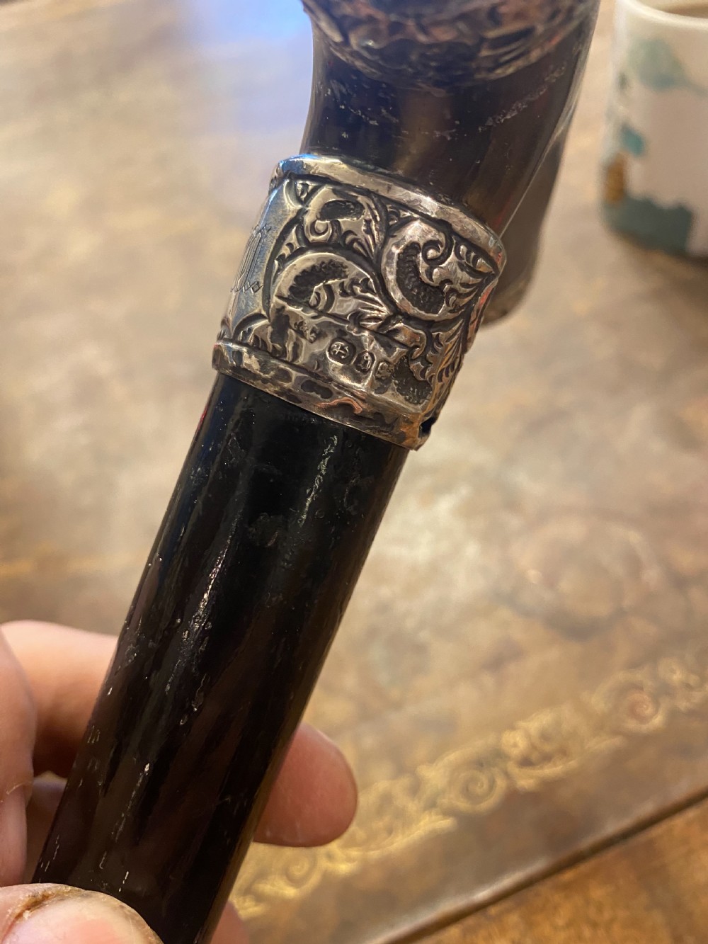 Horn topped walking stick with HM silver mounts  View II