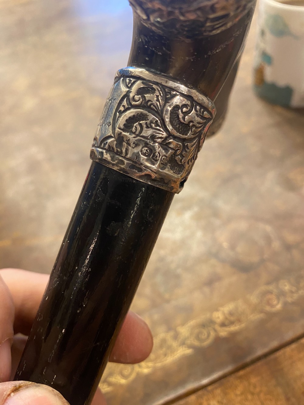 Horn topped walking stick with HM silver mounts  View III