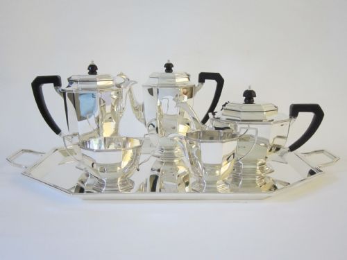 art deco george v sterling silver tea set on tray - CATEGORY: ANTIQUE SILVER - DATED 1930