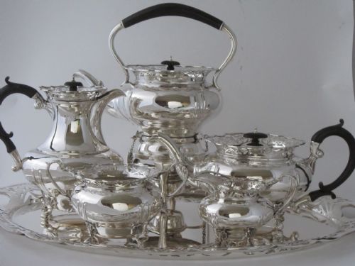 antique george v sterling silver 5 piece tea set on tray - CATEGORY: ANTIQUE SILVER - DATED 1910
