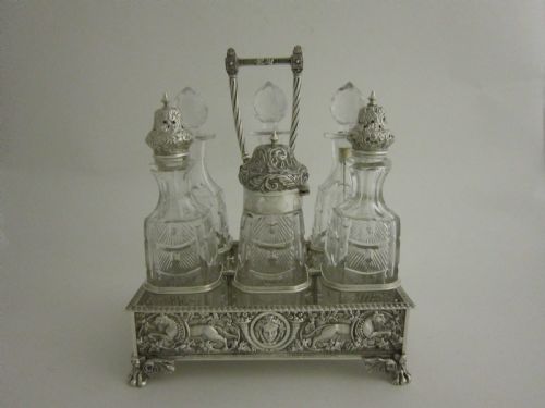 antique victorian sterling silver glass sixbottled cruet stand - CATEGORY: ANTIQUE SILVER - DATED 1890