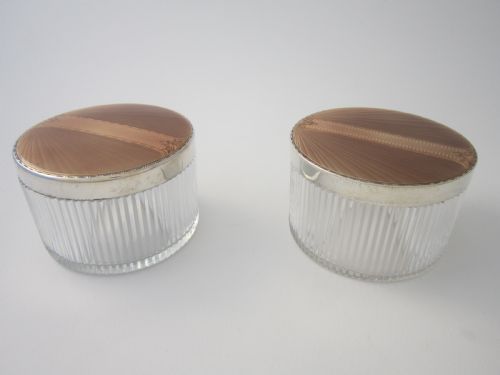 antique george v sterling silver and enamel glass jars - CATEGORY: ANTIQUE SILVER - DATED 1930