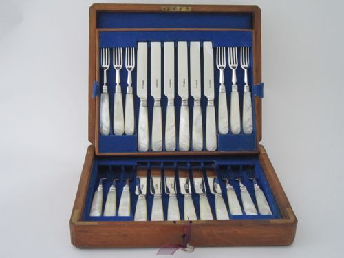 antique victorian sterling silver mother of pearl dessert cutlery set - CATEGORY: ANTIQUE SILVER - DATED 1890
