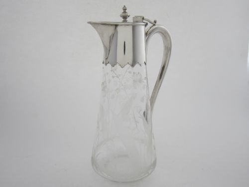 antique victorian sterling silver etched glass claret jug - CATEGORY: ANTIQUE SILVER - DATED 1880
