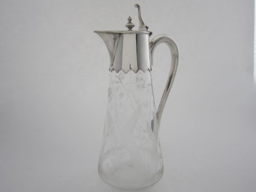 ANTIQUE VICTORIAN STERLING SILVER ETCHED GLASS CLARET JUG - ADDITIONAL PHOTO 2