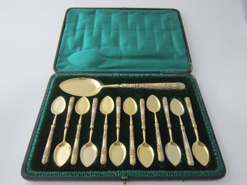 antique victorian sterling silver gilt ice cream set - CATEGORY: ANTIQUE SILVER - DATED 1880
