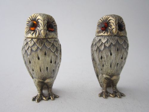 tiffany elizabeth ii cast sterling silver owl salt pepper shakers - CATEGORY: ANTIQUE SILVER - DATED 1960