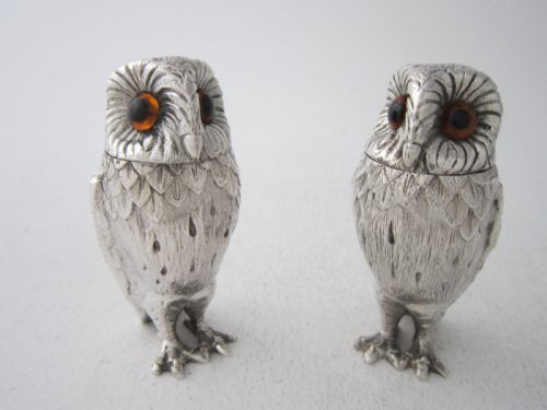 elizabeth ii sterling silver owl salt pepper shakers 1958 - CATEGORY: ANTIQUE SILVER - DATED 1950