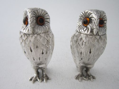 ELIZABETH II STERLING SILVER OWL SALT PEPPER SHAKERS 1958 - ADDITIONAL PHOTO 1