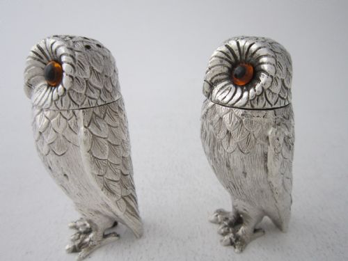 ELIZABETH II STERLING SILVER OWL SALT PEPPER SHAKERS 1958 - ADDITIONAL PHOTO 2