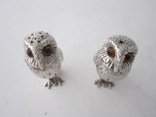 ELIZABETH II STERLING SILVER OWL SALT PEPPER SHAKERS 1958 - ADDITIONAL PHOTO 4