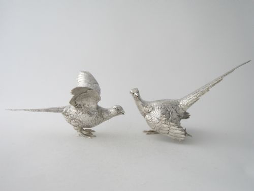 pair of garrard sterling silver cast pheasants 1969 - CATEGORY: ANTIQUE SILVER - DATED 1960