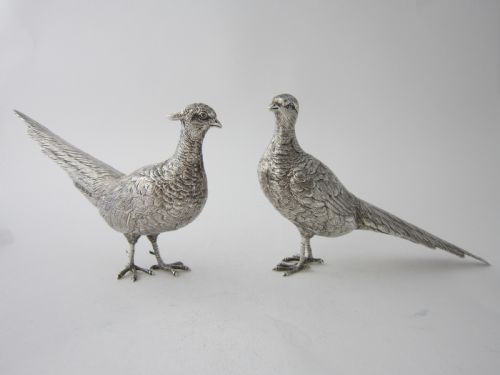 pair of elizabeth ii sterling silver cast pheasants 1968 - CATEGORY: ANTIQUE SILVER - DATED 1960