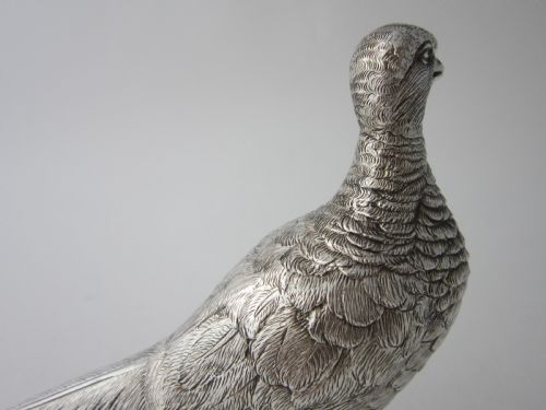 PAIR OF ELIZABETH II STERLING SILVER CAST PHEASANTS 1968 - ADDITIONAL PHOTO 2