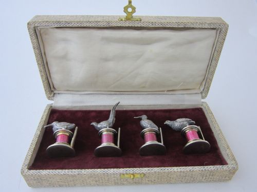 ANTIQUE EDWARDIAN STERLING SILVER ENAMEL CAST GAME BIRD MENUPLACE CARD HOLDERS 1909