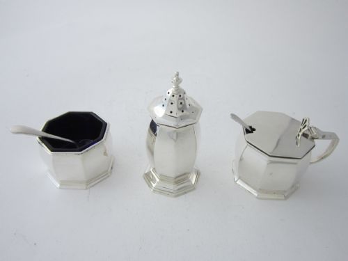 CHESTER ANTIQUE GEORGE V STERLING SILVER 3PIECE CONDIMENT SET 1919 - ADDITIONAL PHOTO 3