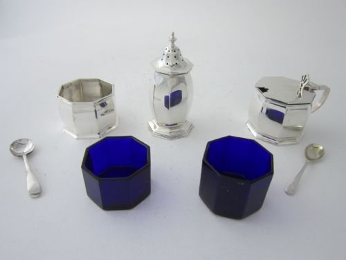 CHESTER ANTIQUE GEORGE V STERLING SILVER 3PIECE CONDIMENT SET 1919 - ADDITIONAL PHOTO 4