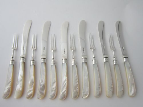 ANTIQUE VICTORIAN STERLING SILVER MOTHER OF PEARL DESSERT SET 1900 - ADDITIONAL PHOTO 9