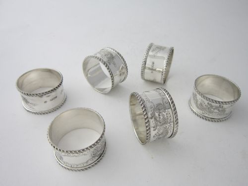 SET OF 6 ANTIQUE VICTORIAN STERLING SILVER NAPKIN RINGS 1896 - ADDITIONAL PHOTO 1