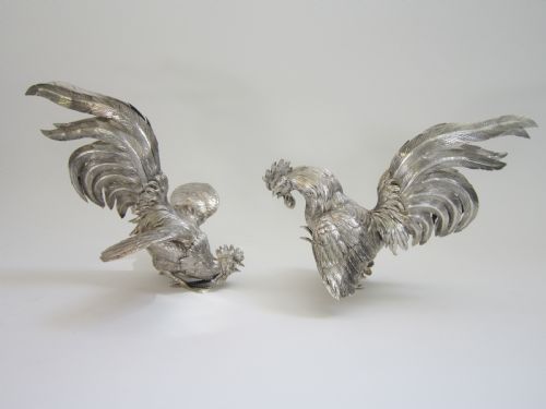 ELIZABETH II STERLING SILVER MODELS OF FIGHTING COCKERELS 19667 - ADDITIONAL PHOTO 1