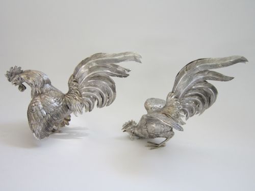 ELIZABETH II STERLING SILVER MODELS OF FIGHTING COCKERELS 19667 - ADDITIONAL PHOTO 2