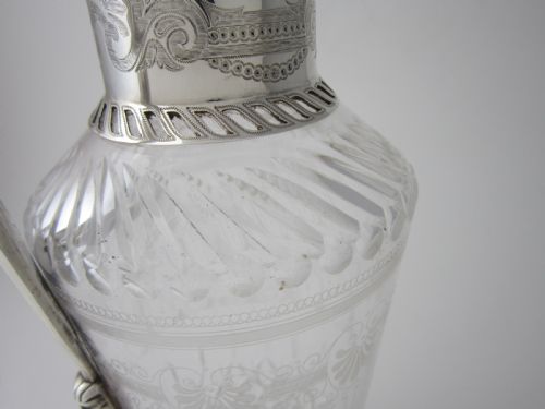 ANTIQUE VICTORIAN STERLING SILVER ETCHED GLASS CLARET JUG 1877 - ADDITIONAL PHOTO 4