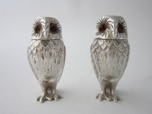 ELIZABETH II STERLING SILVER OWL SALT PEPPER SHAKERS 1964