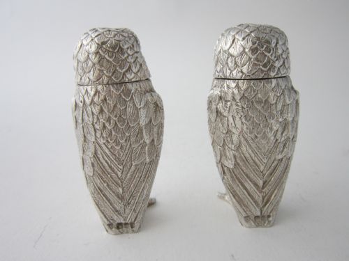 ELIZABETH II STERLING SILVER OWL SALT PEPPER SHAKERS 1964 - ADDITIONAL PHOTO 2
