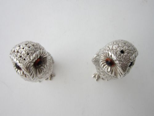 ELIZABETH II STERLING SILVER OWL SALT PEPPER SHAKERS 1964 - ADDITIONAL PHOTO 4